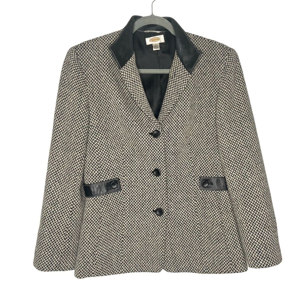 Talbots Herringbone Black & White Wool Blazer Leather Collar Lined size 8